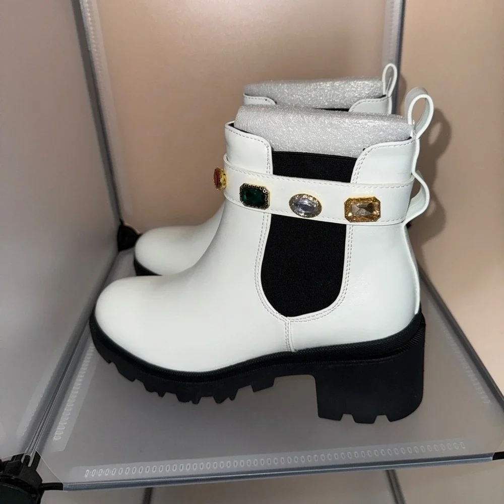 Forever Link Women's Chelsea Studded Strap Chunky Ankle Boots White Size 6.5